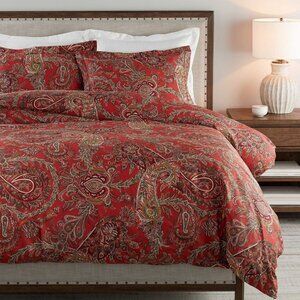 Pottery Barn Caroline Red Paisley Organic Cotton Duvet - Whole Set